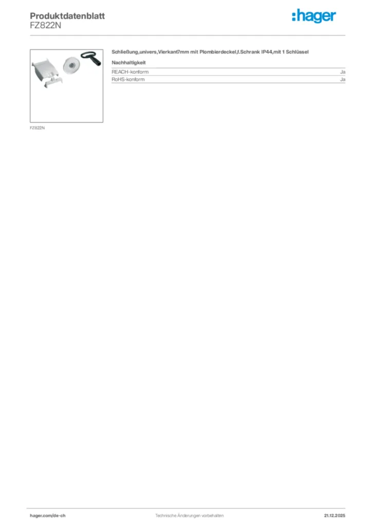 Bild Hager Produktdatenblatt FZ822N | Hager Schweiz