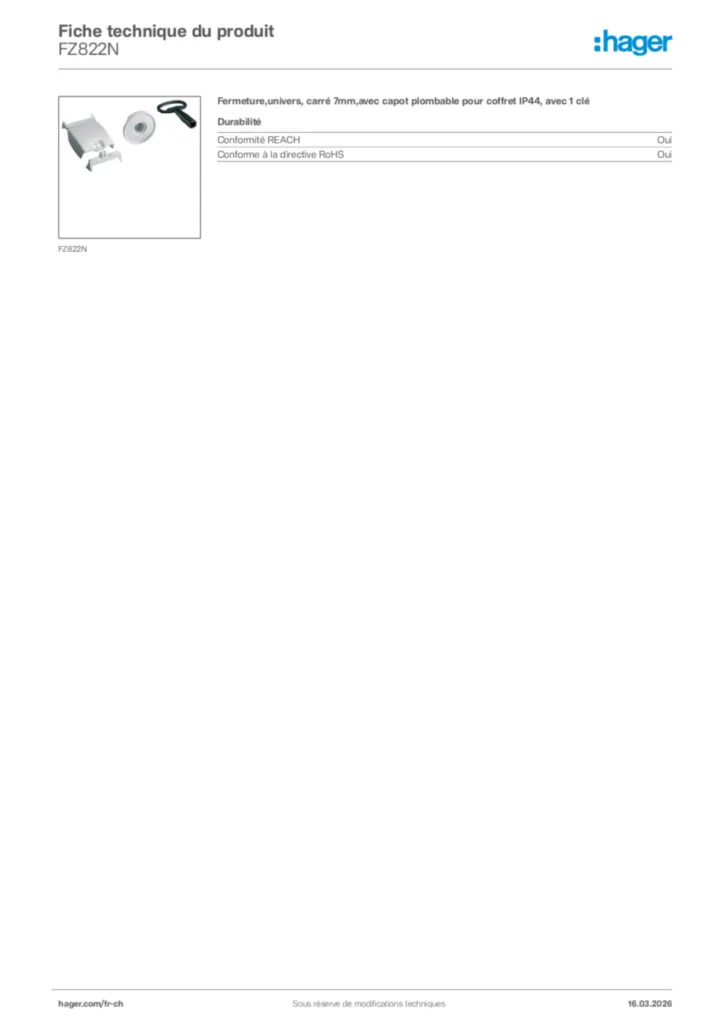 Image Hager Fiche technique du produit FZ822N | Hager Suisse