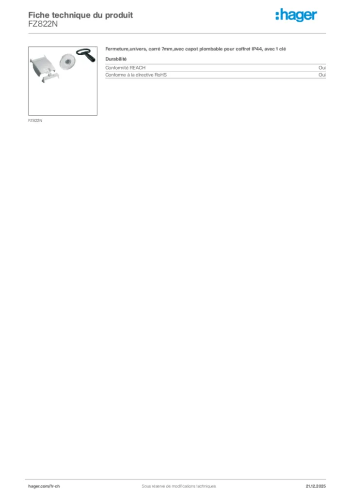Image Hager Fiche technique du produit FZ822N | Hager Suisse