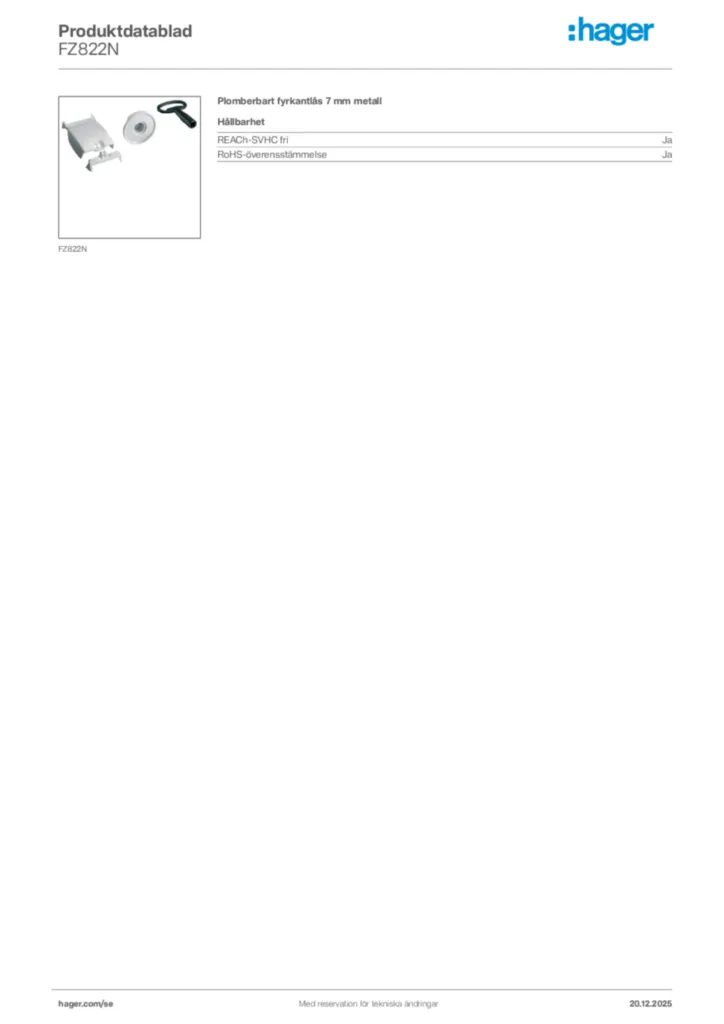 Bild Hager Produktdatablad FZ822N | Hager Sverige