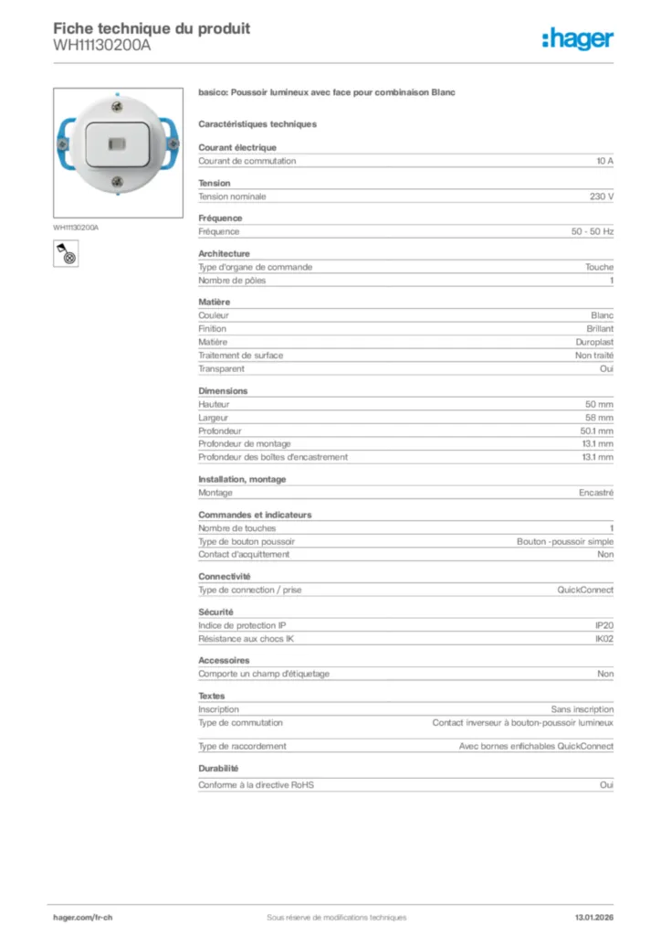 Image Hager Fiche technique du produit WH11130200A | Hager Suisse