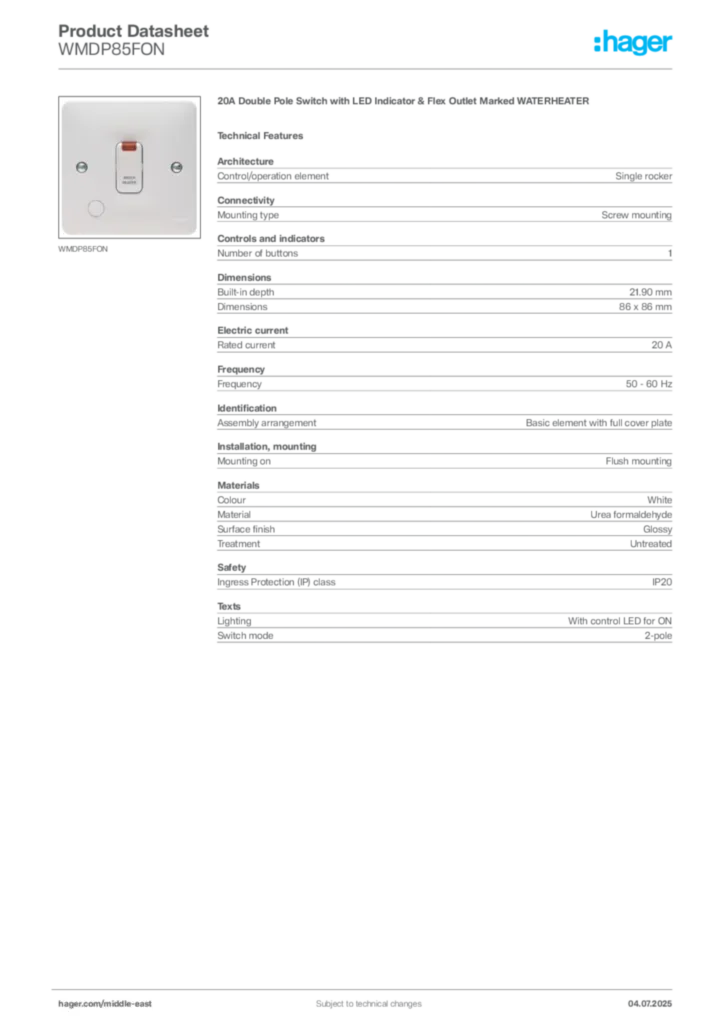 Image Hager Product data sheet WMDP85FON  | Hager