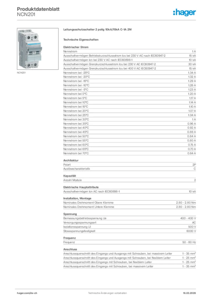 Bild Hager Produktdatenblatt NCN201 | Hager Schweiz