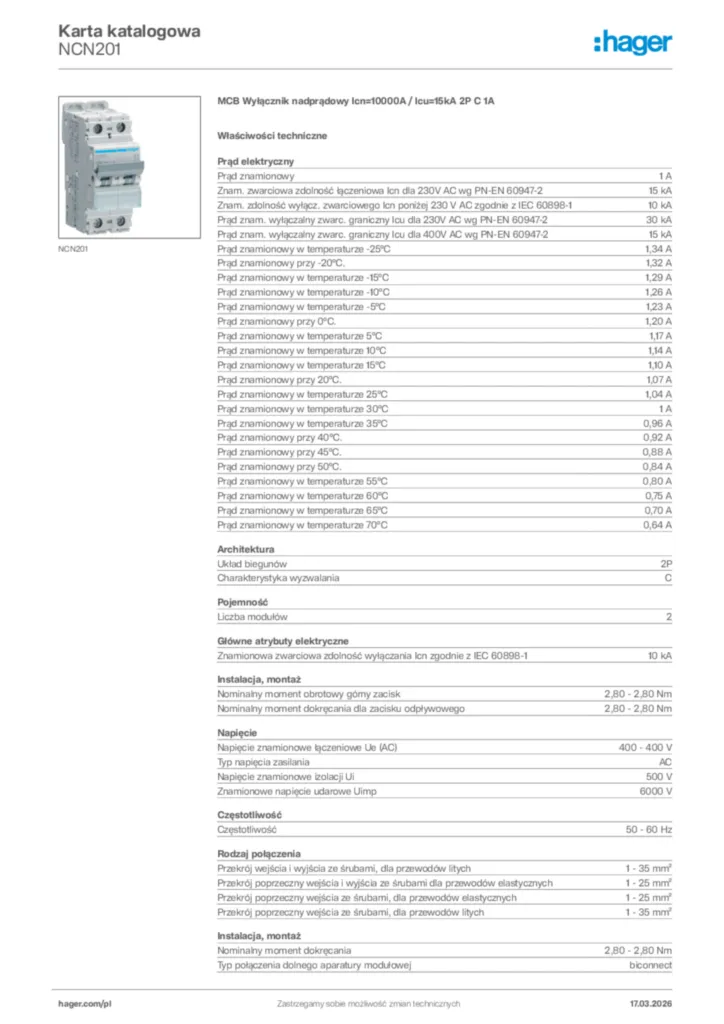 Zdjęcie Hager Karta katalogowa NCN201 | Hager Polska