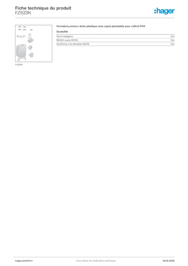 Image Hager Fiche technique du produit FZ823N | Hager Afrique