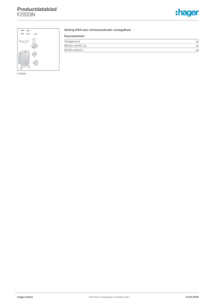 Afbeelding Hager Productdatablad FZ823N | Hager Nederland