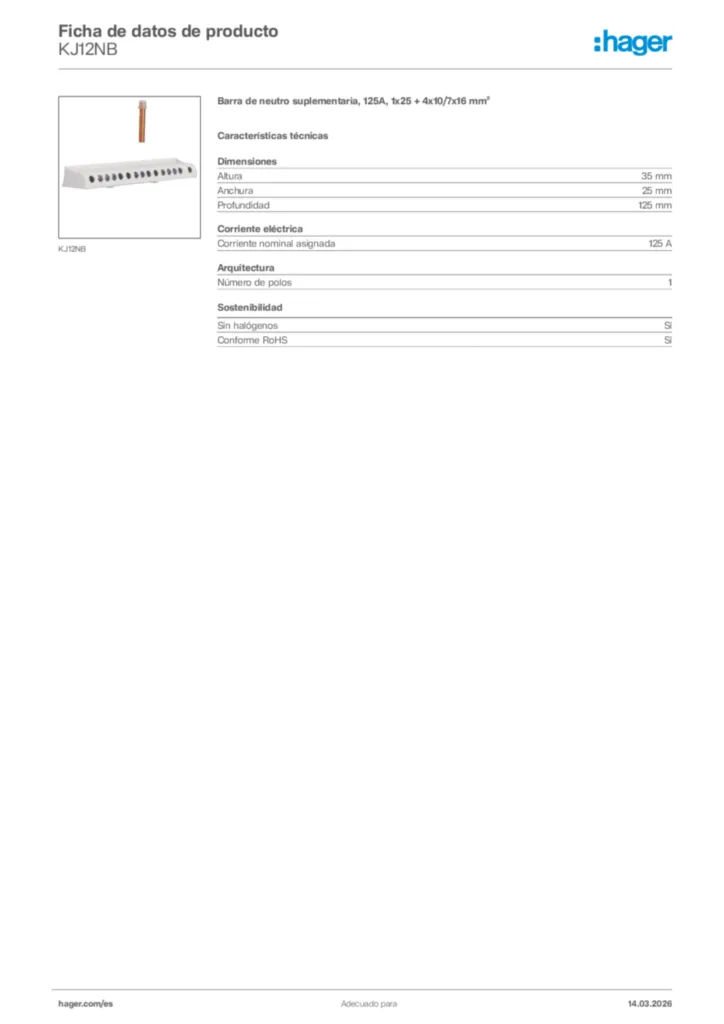 Imagen Hager Ficha de datos de producto KJ12NB | Hager España