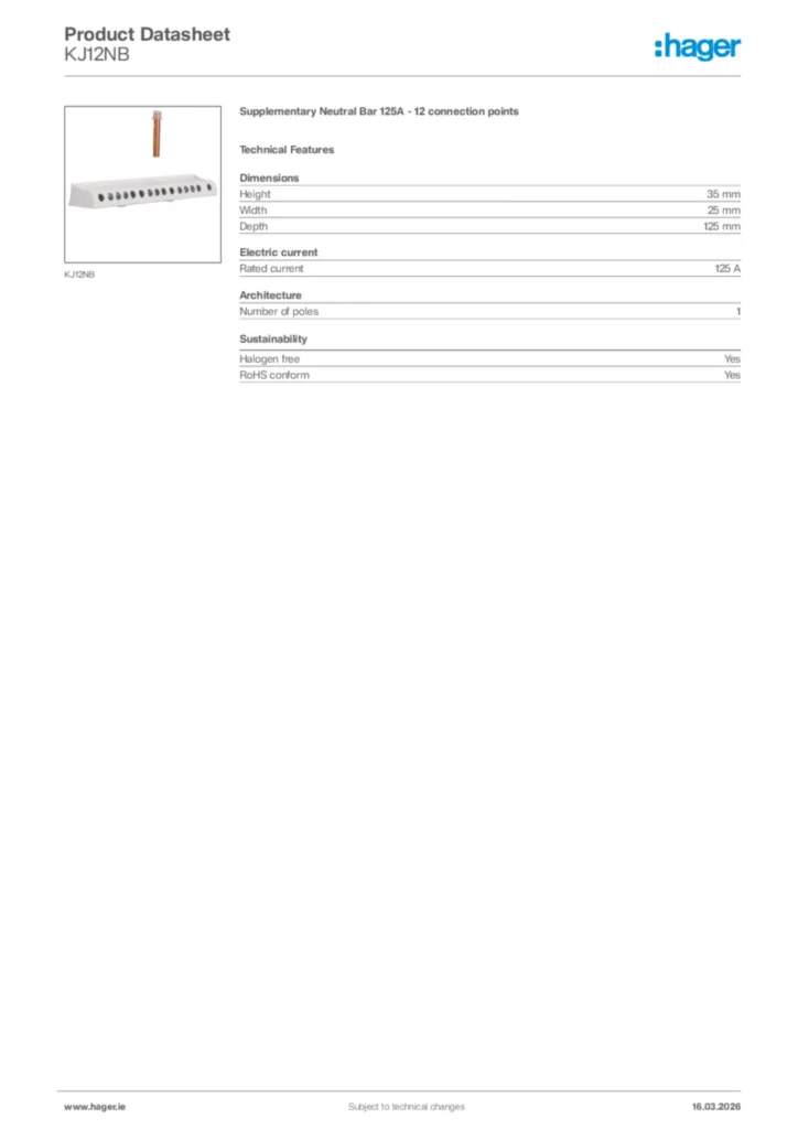 Image Hager Product data sheet KJ12NB  | Hager