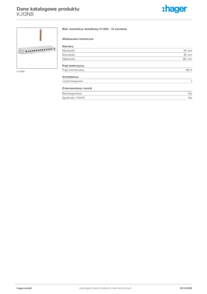 Zdjęcie Hager Dane katalogowe produktu KJ12NB | Hager Polska