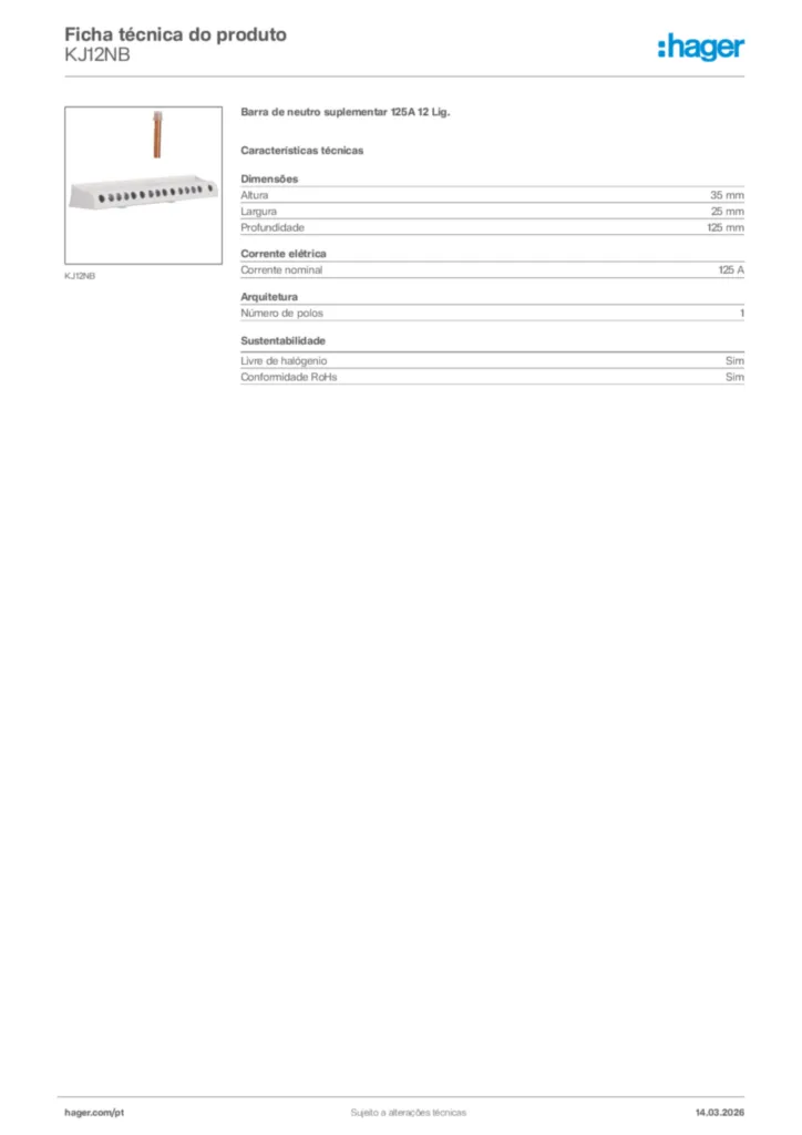 Imagem Hager Ficha técnica do produto KJ12NB | Hager Portugal