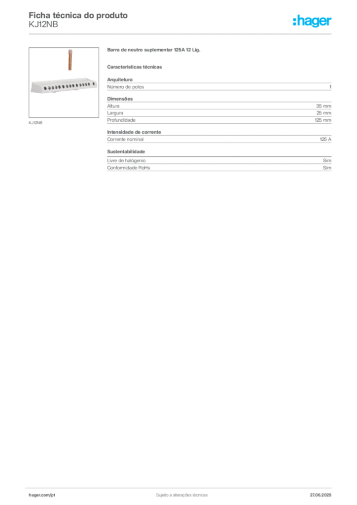 Imagem Hager Ficha técnica do produto KJ12NB | Hager Portugal
