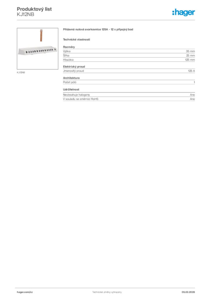 Obrázek Hager Product data sheet KJ12NB | Hager