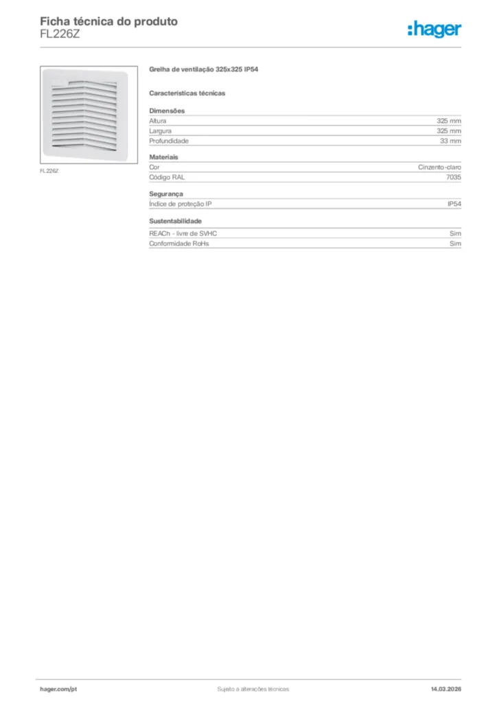 Imagem Hager Ficha técnica do produto FL226Z | Hager Portugal