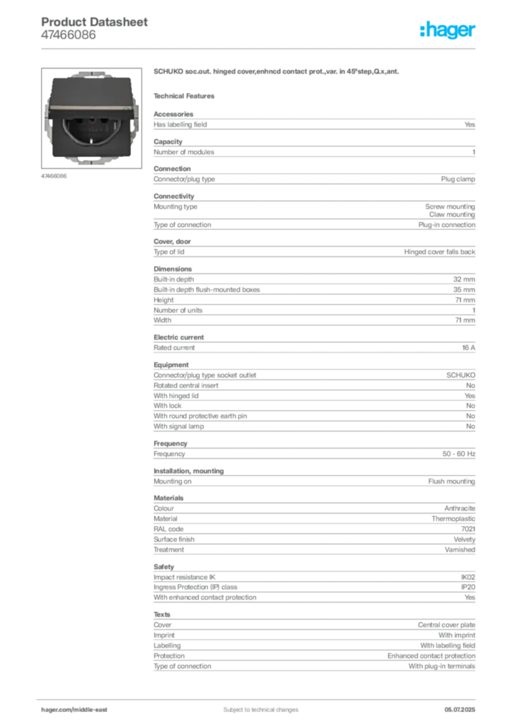 Image Hager Product data sheet 47466086  | Hager