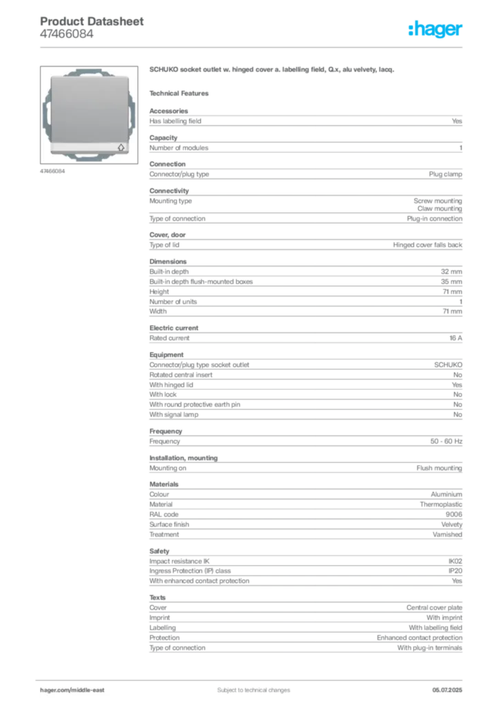Image Hager Product data sheet 47466084  | Hager