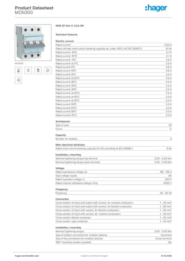 Image Hager Product data sheet MCN300  | Hager