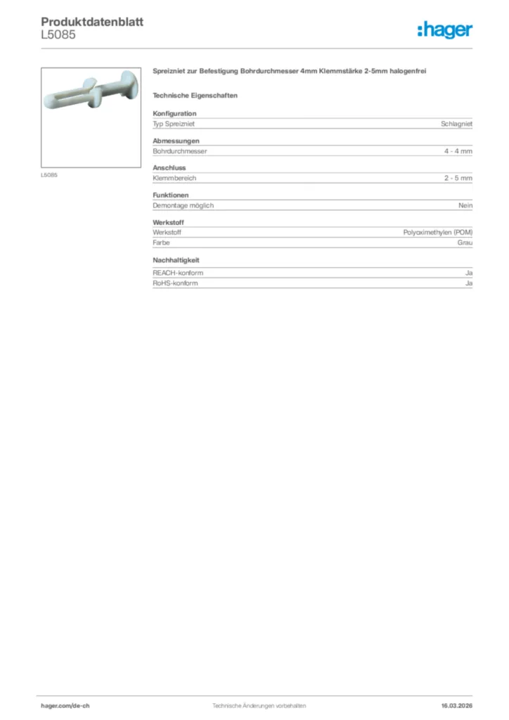 Bild Hager Produktdatenblatt L5085 | Hager Schweiz