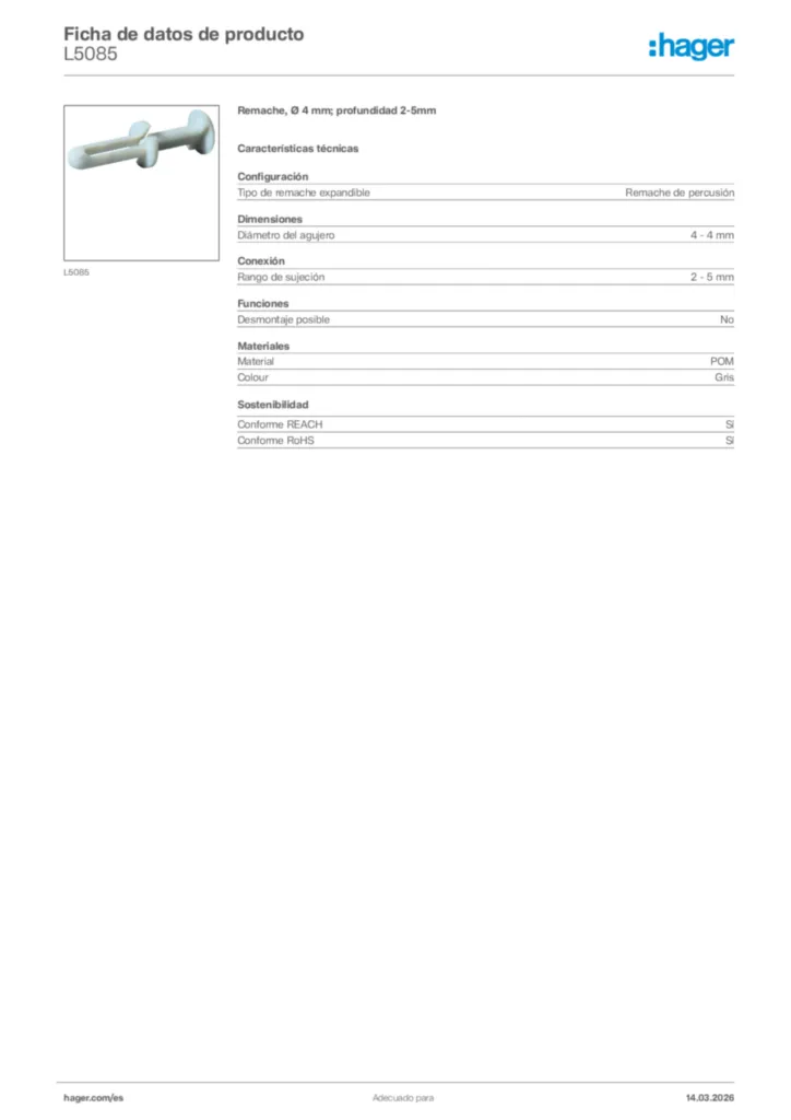 Imagen Hager Ficha de datos de producto L5085 | Hager España