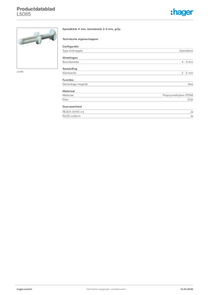 Afbeelding Hager Productdatablad L5085 | Hager Nederland