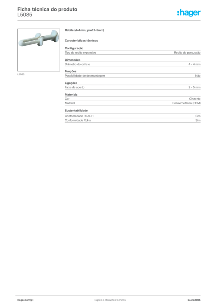 Imagem Hager Ficha técnica do produto L5085 | Hager Portugal