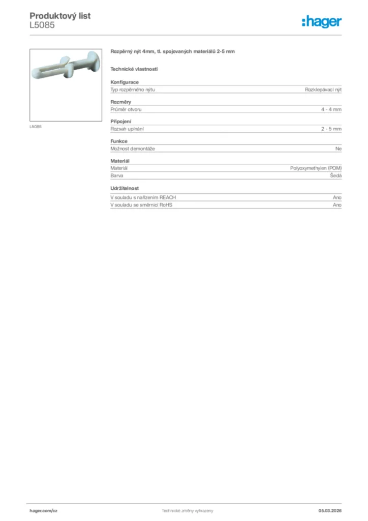 Obrázek Hager Product data sheet L5085 | Hager
