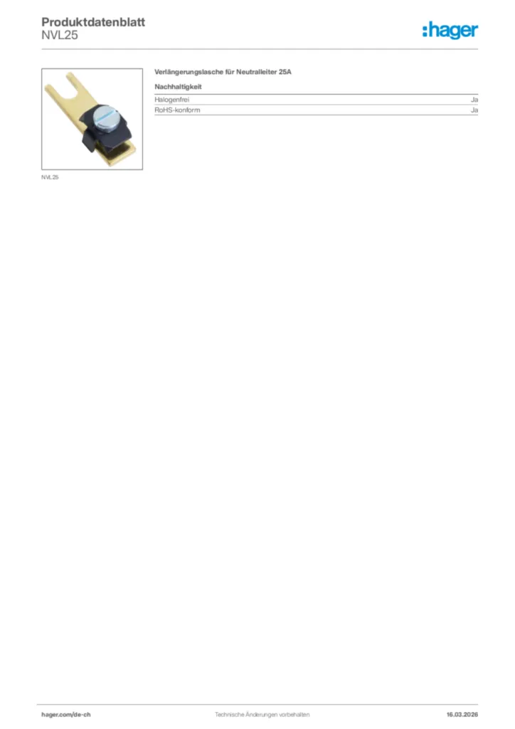 Bild Hager Produktdatenblatt NVL25 | Hager Schweiz