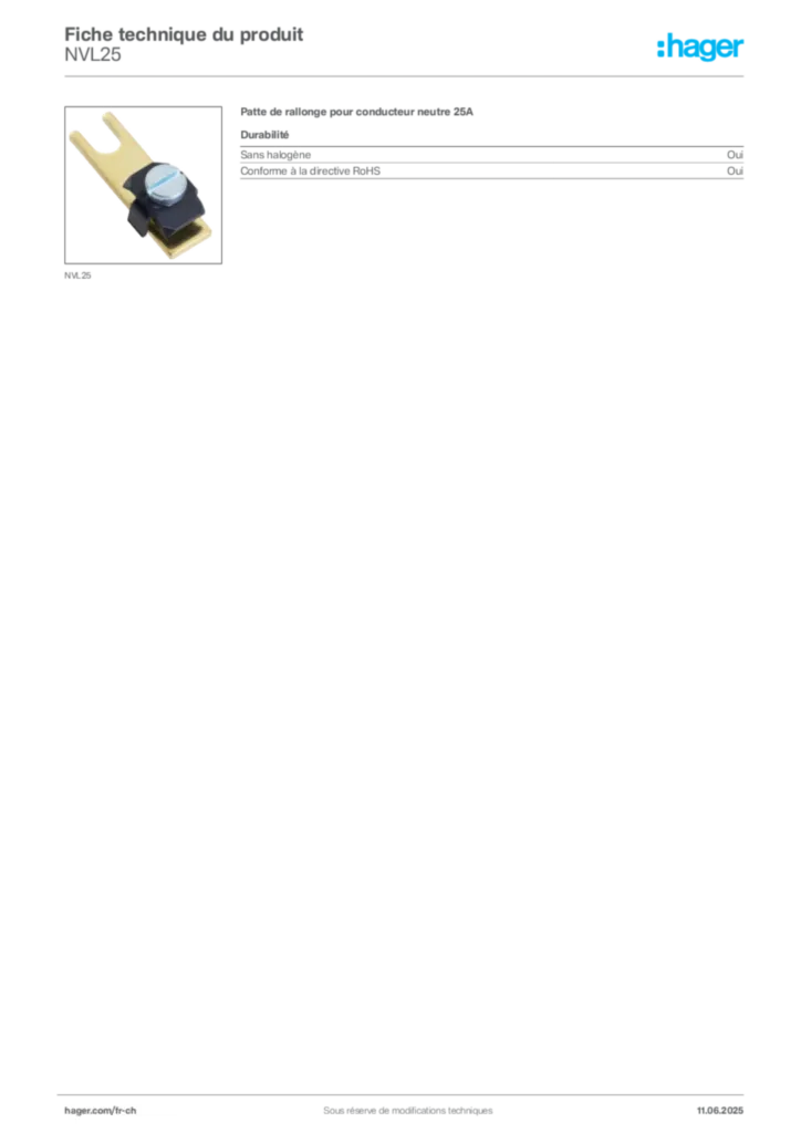 Image Hager Fiche technique du produit NVL25 | Hager Suisse