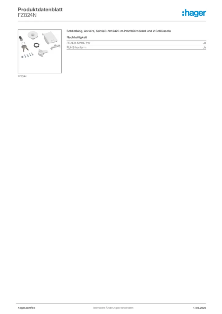 Bild Hager Produktdatenblatt FZ824N | Hager Deutschland