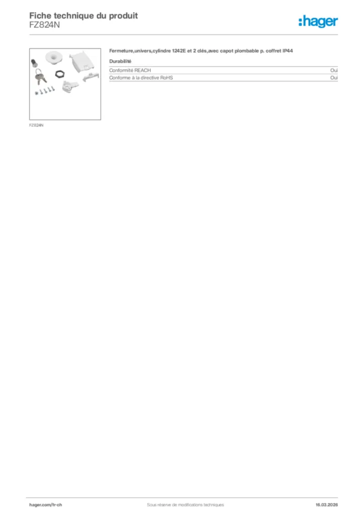 Image Hager Fiche technique du produit FZ824N | Hager Suisse