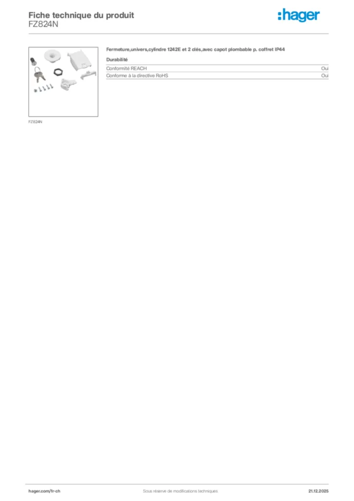 Image Hager Fiche technique du produit FZ824N | Hager Suisse