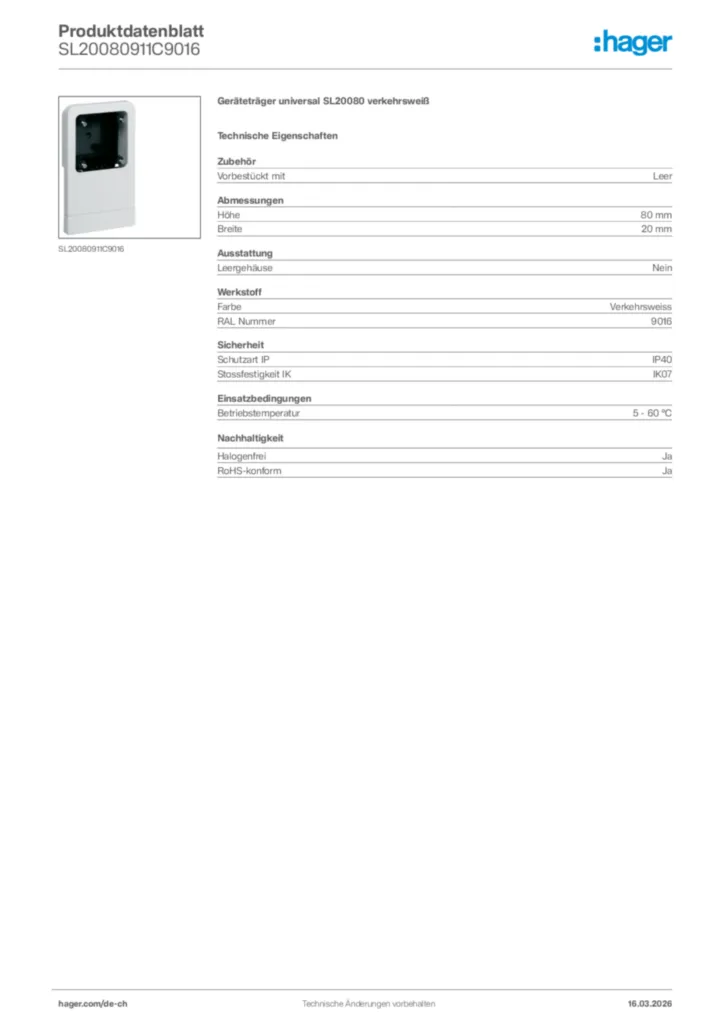 Bild Hager Produktdatenblatt SL20080911C9016 | Hager Schweiz