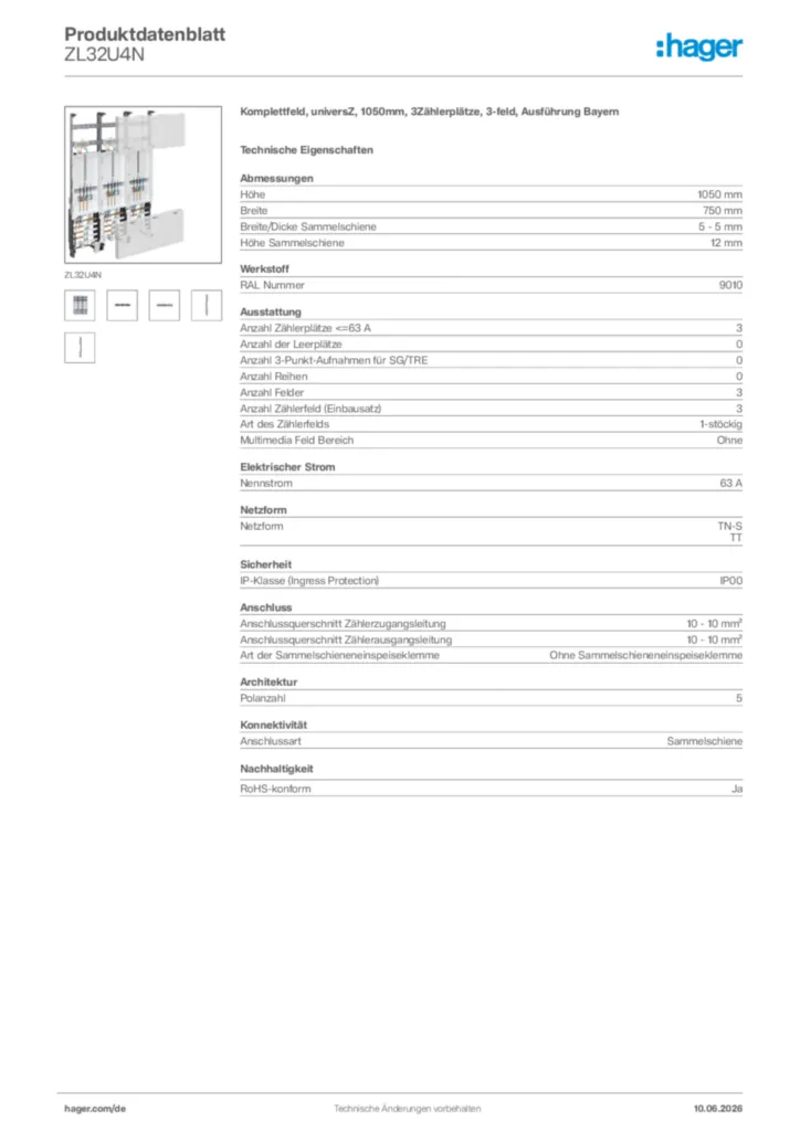 Bild Hager Produktdatenblatt ZL32U4N | Hager Deutschland