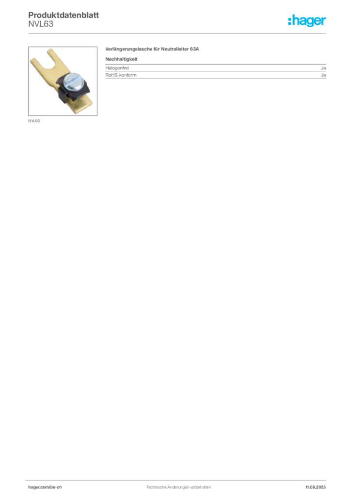 Bild Hager Produktdatenblatt NVL63 | Hager Schweiz