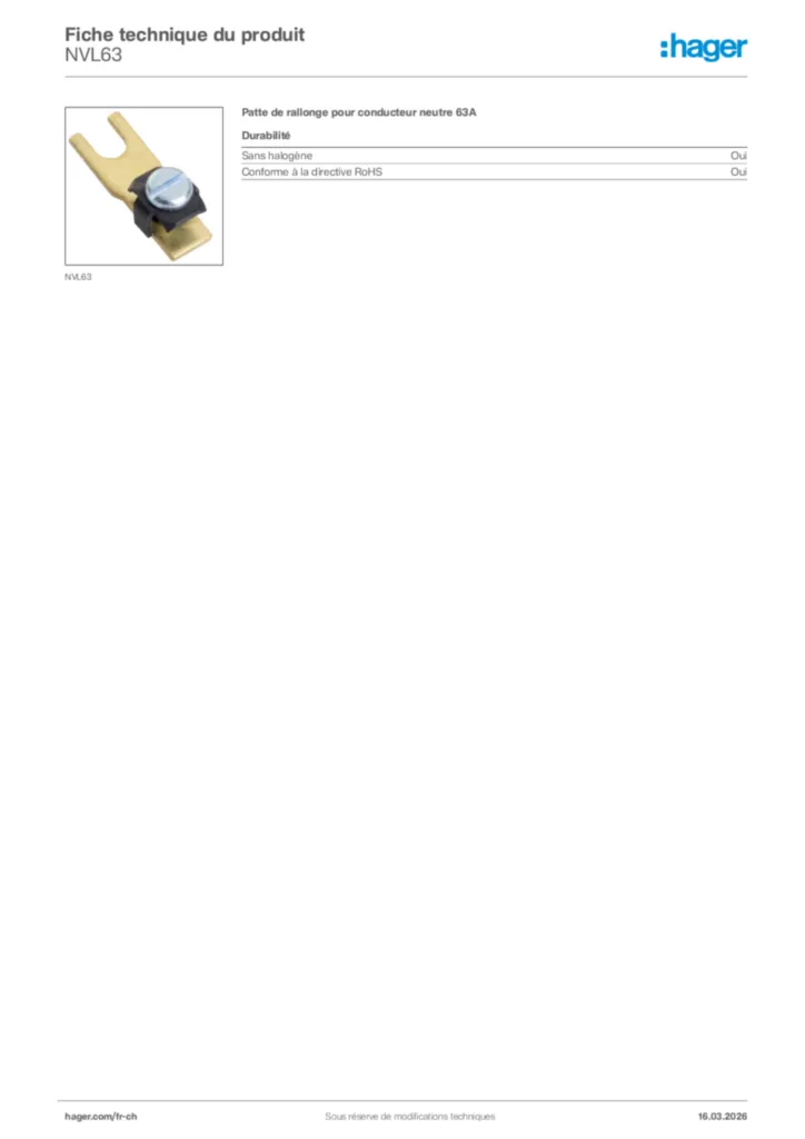 Image Hager Fiche technique du produit NVL63 | Hager Suisse