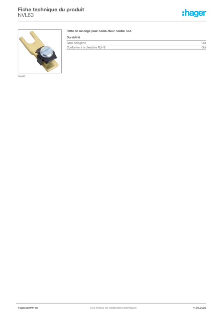 Image Hager Fiche technique du produit NVL63 | Hager Suisse