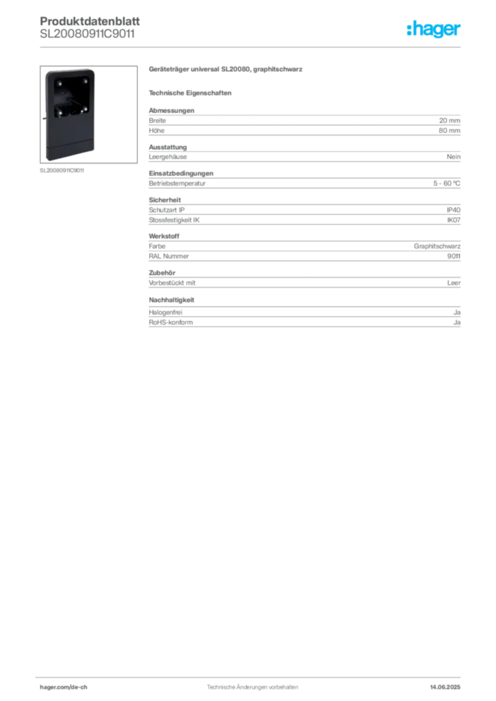 Bild Hager Produktdatenblatt SL20080911C9011 | Hager Schweiz