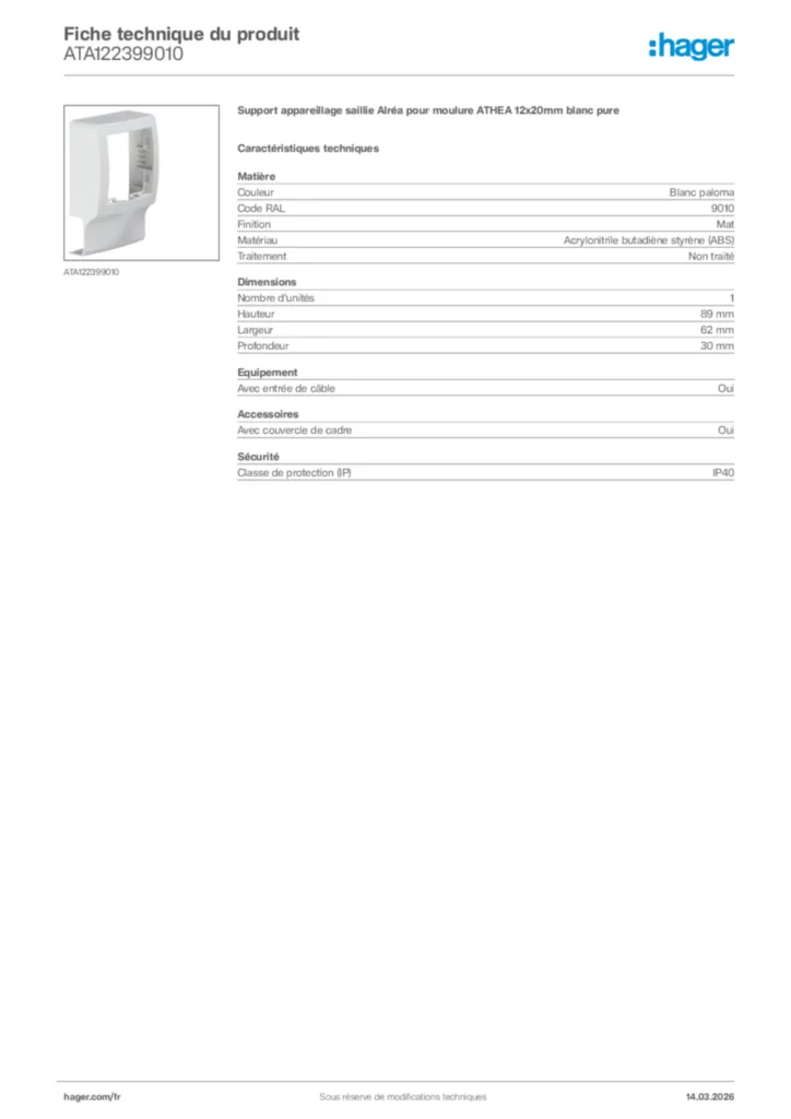 Image Hager Fiche technique du produit ATA122399010 | Hager France