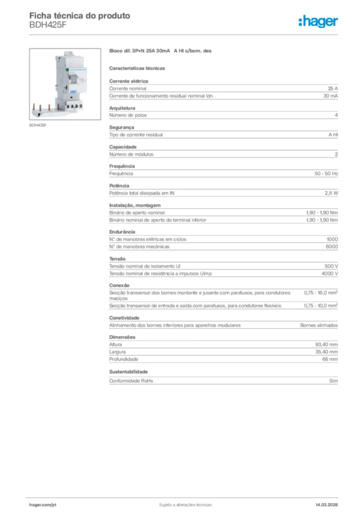Imagem Hager Ficha técnica do produto BDH425F | Hager Portugal