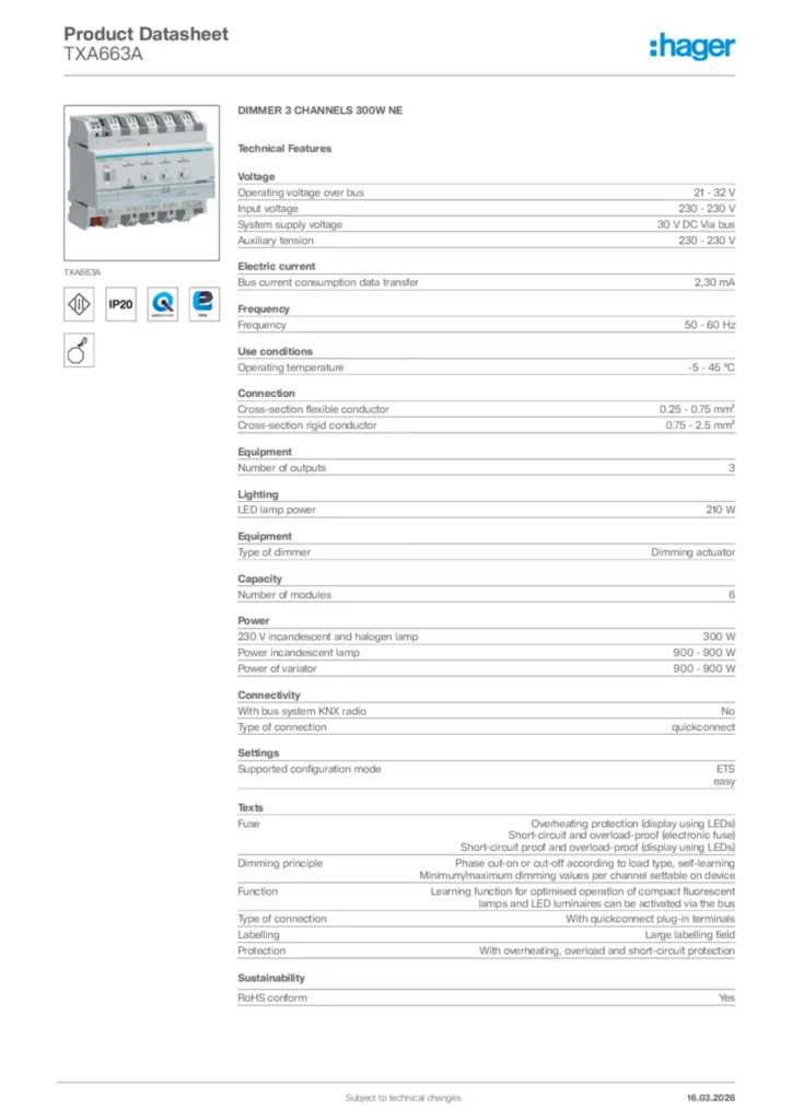 Image Hager Product data sheet TXA663A  | Hager