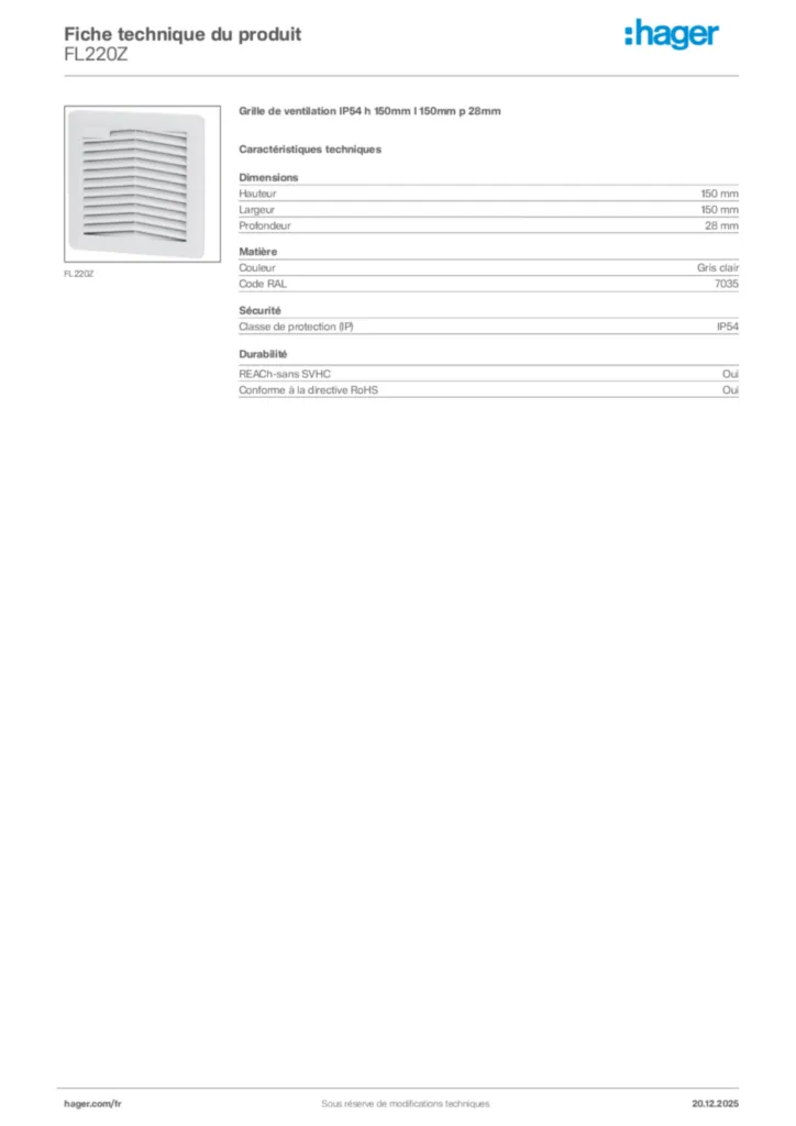 Image Hager Fiche technique du produit FL220Z | Hager France