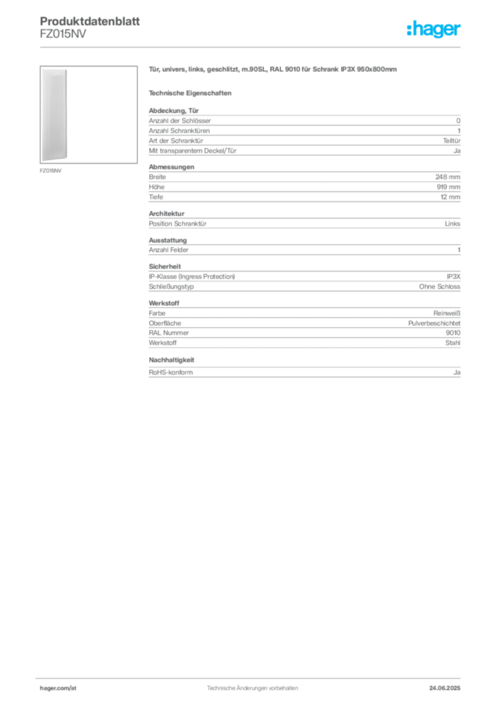 Bild Hager Produktdatenblatt FZ015NV | Hager Deutschland