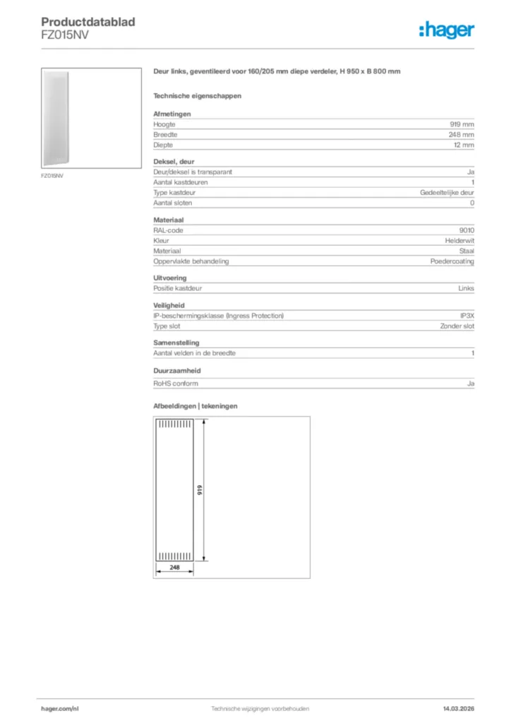 Afbeelding Hager Productdatablad FZ015NV | Hager Nederland