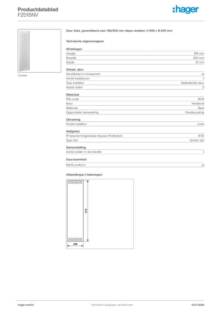 Afbeelding Hager Productdatablad FZ015NV | Hager Nederland