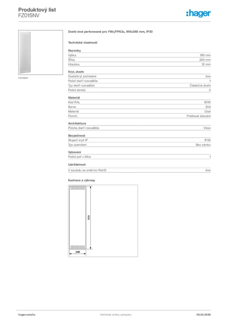 Obrázek Hager Product data sheet FZ015NV | Hager