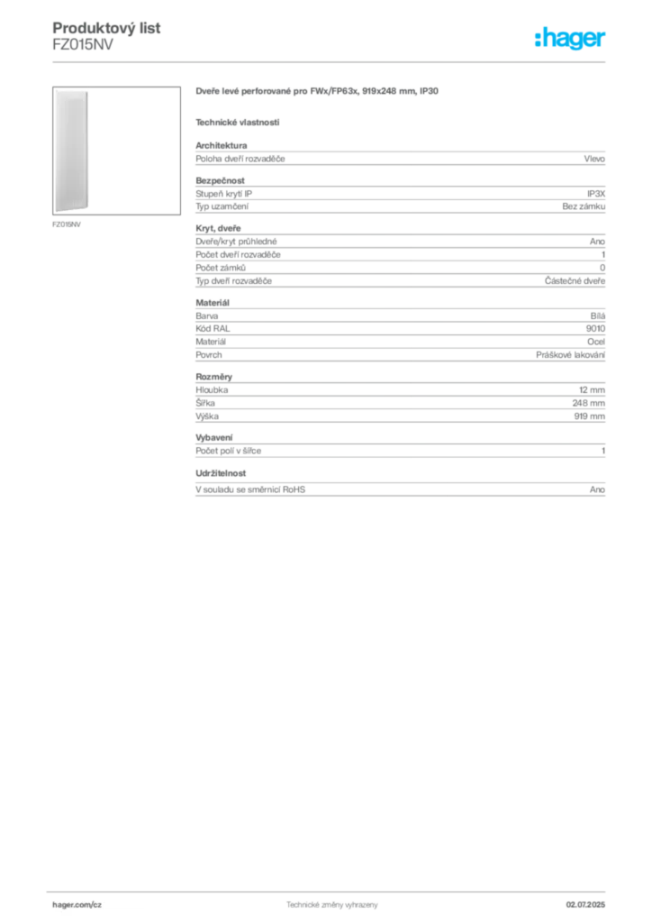 Obrázek Hager Produktový list FZ015NV | Hager