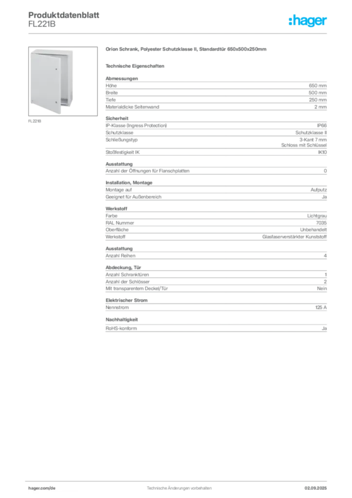 Hager Produktdatenblatt FL221B