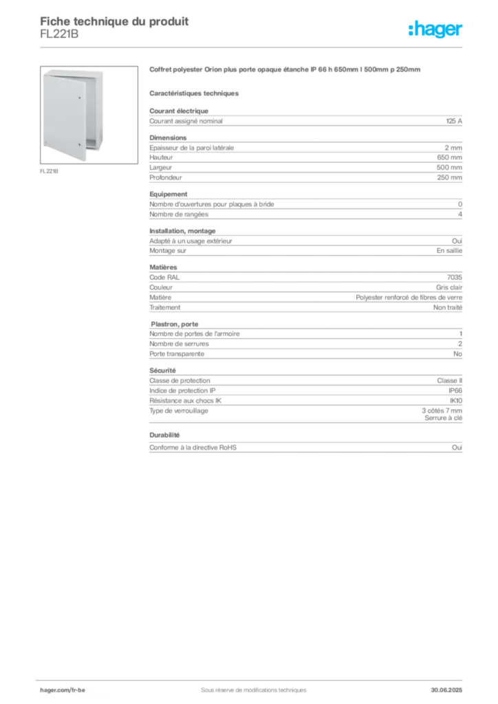 Image Hager Fiche technique du produit FL221B | Hager Belgique