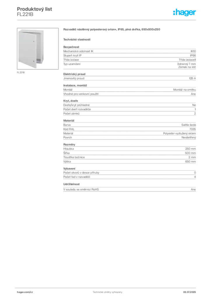 Obrázek Hager Produktový list FL221B | Hager
