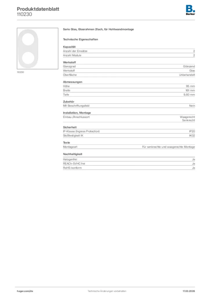 Bild Berker Produktdatenblatt 110230 | Hager Deutschland