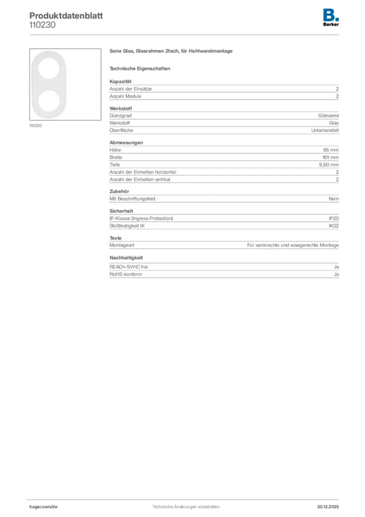 Bild Berker Produktdatenblatt 110230 | Hager Deutschland